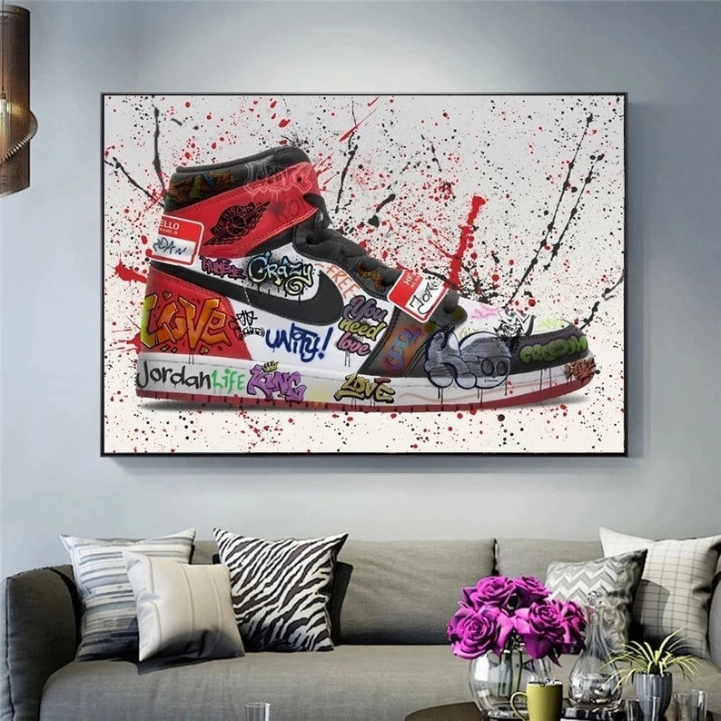 Air Jordan Red Shoe Hype Sneaker Graffiti Canvas Wall Art|AlphaWallArt