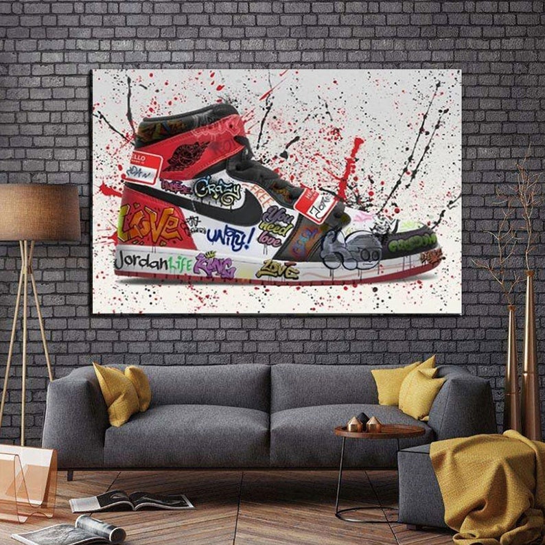 Air Jordan Red Shoe Hype Sneaker Graffiti Canvas Wall Art AlphaWallArt