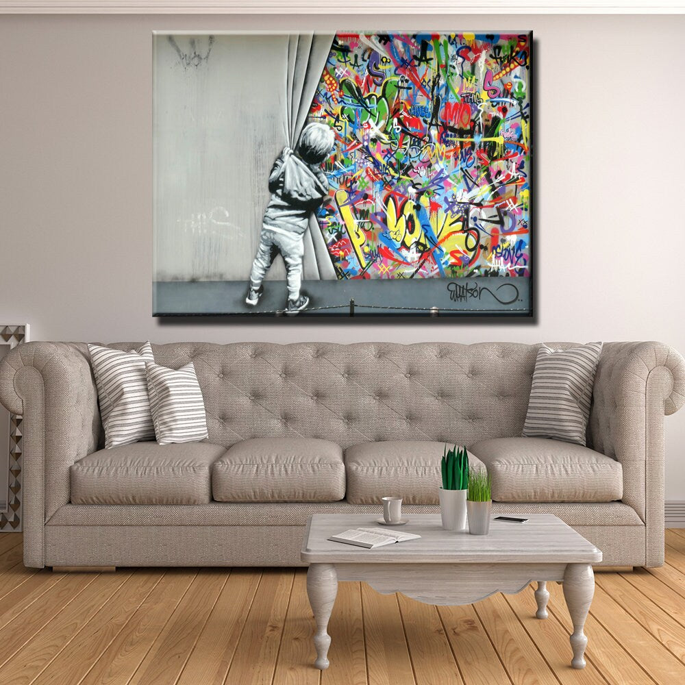 Banksy Behind the Curtain Graffiti Canvas Wall Art | AlphaWallArt